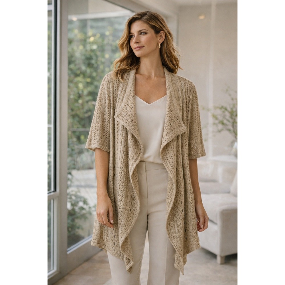 St. John Open Knit Cardigan Waterfall Drape Champagne Pointelle Size M